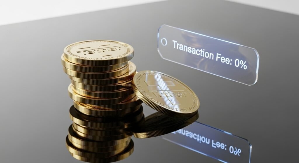 환전 수수료 0원을 상징하는 테더 코인과 성공적인 거래 승인 그래픽