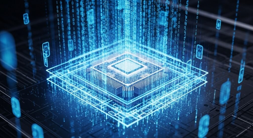 데이터 보안과 알고리즘 보호를 상징하는 디지털 방패